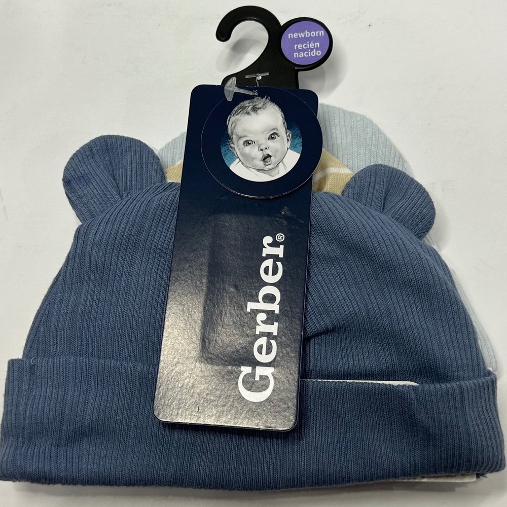 Gerber Newborn Baby Caps 3 Pack Blue Tan Striped Bear Ears 100% Cotton New